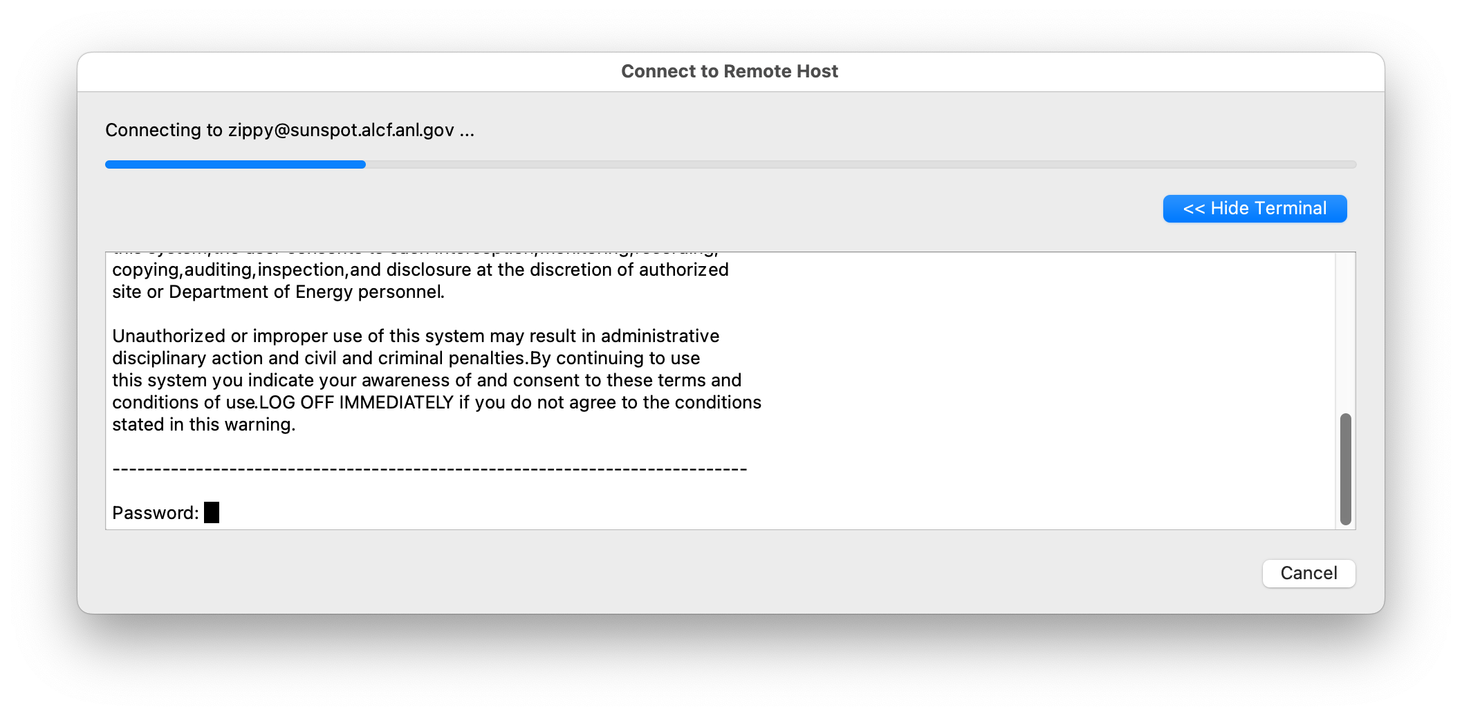 Example DDT remote connection login prompt