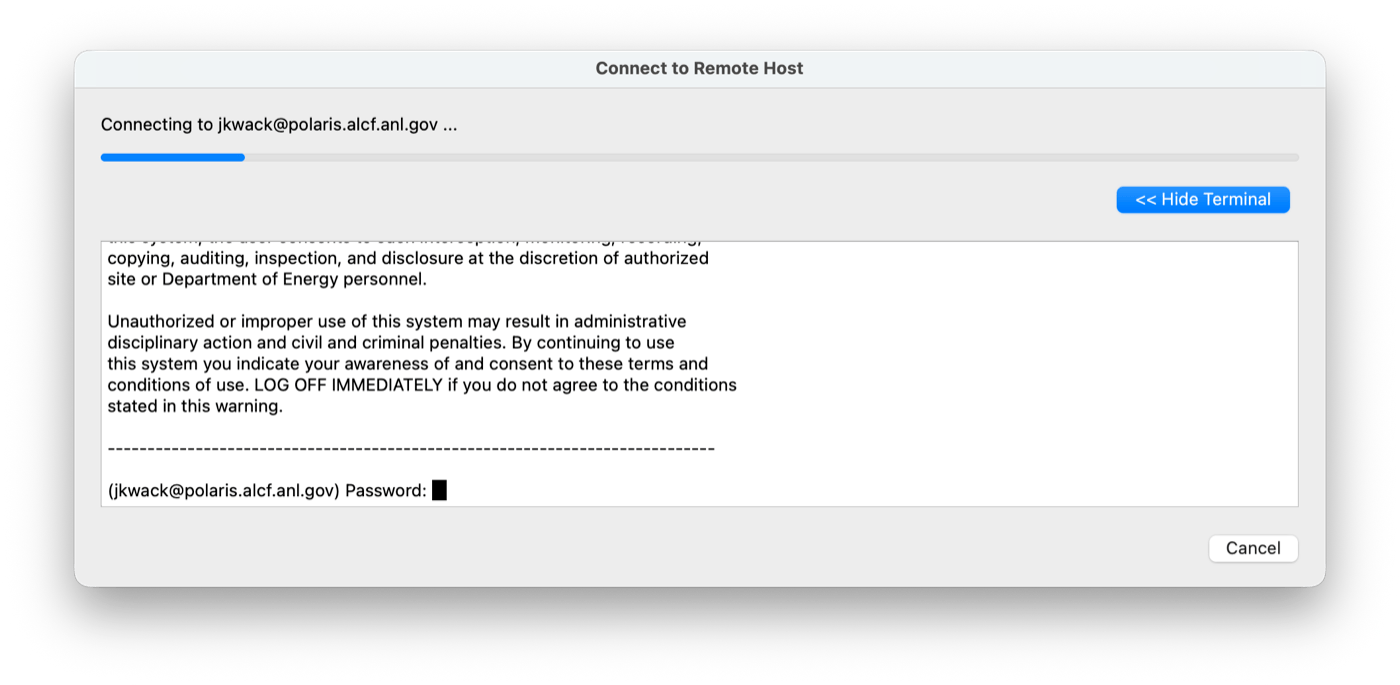 Example DDT remote connection login prompt