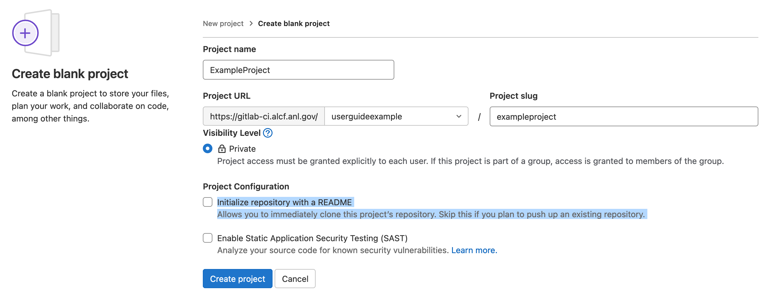 Gitlab Create New Project